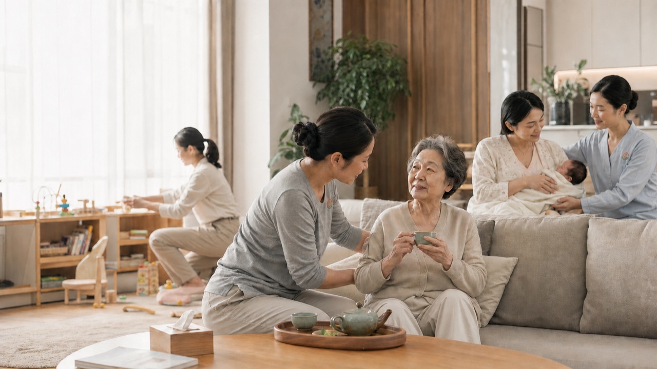 穿着带有悉悉生活官方标志工服的家政服务人员为成都家庭提供到家服务