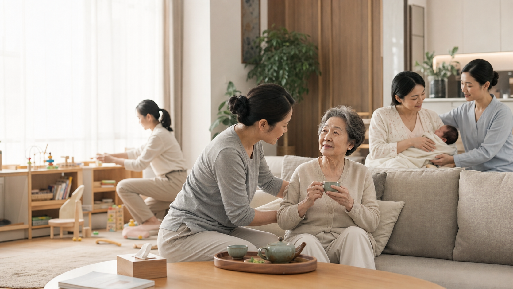 护工、保姆、月嫂和老人陪同在家庭场景中提供照护服务