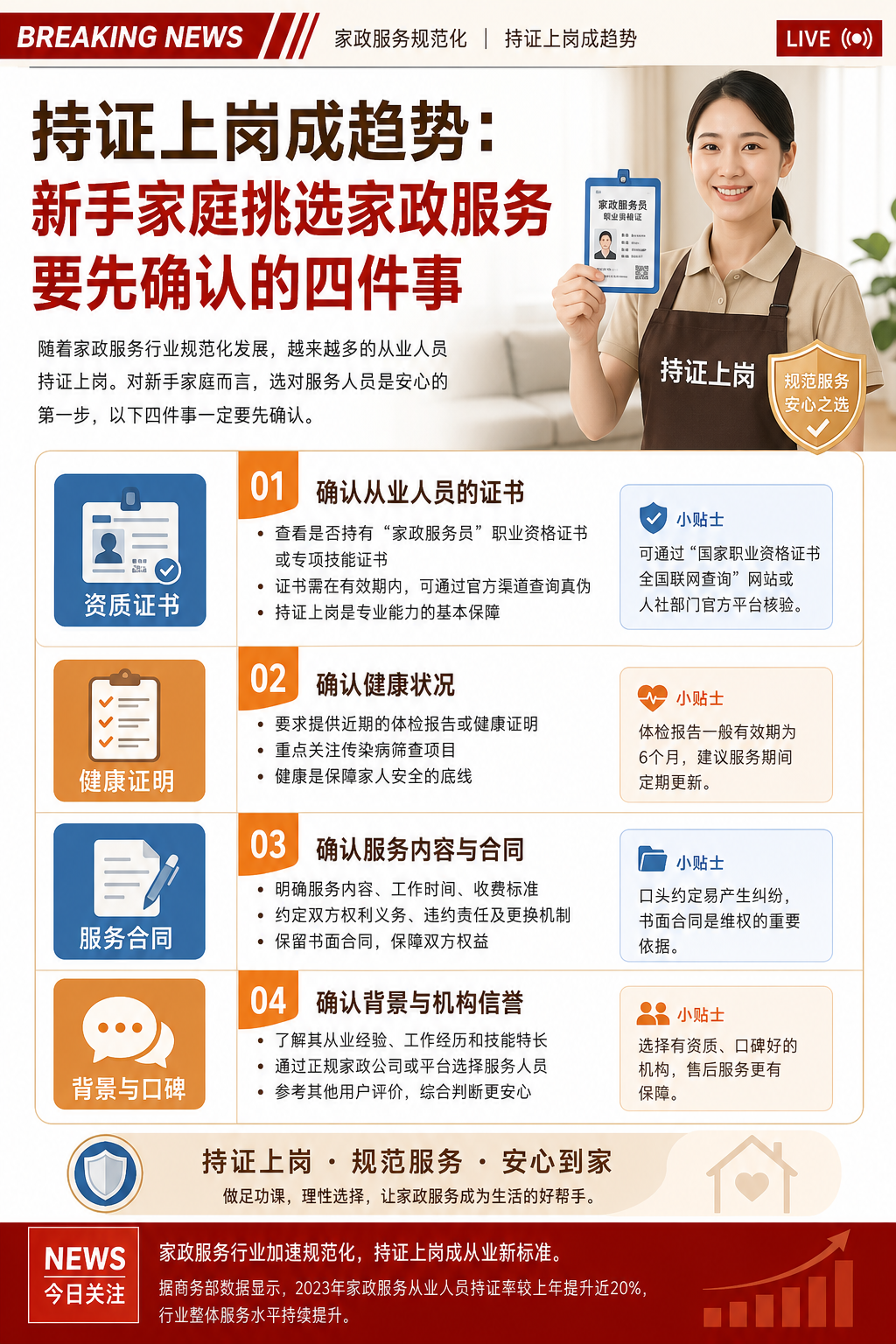 持证上岗成趋势：新手家庭挑选家政服务要先确认的四件事