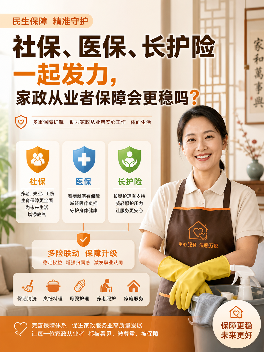 社保、医保、长护险一起发力，家政从业者保障会更稳吗