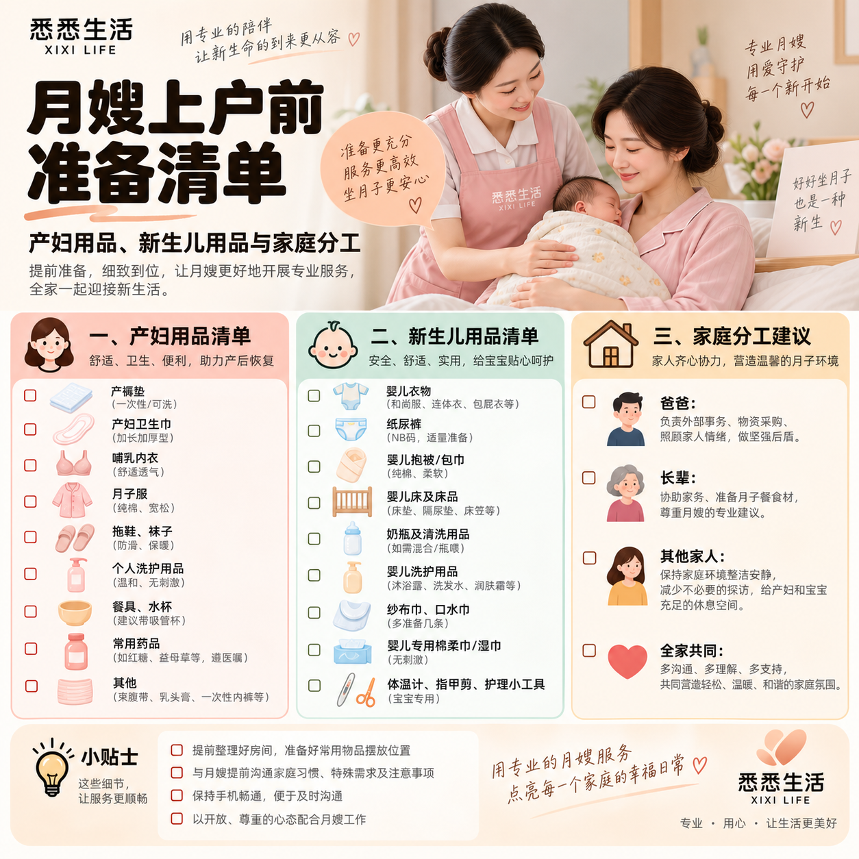 月嫂上户前准备清单：产妇用品、新生儿用品与家庭分工