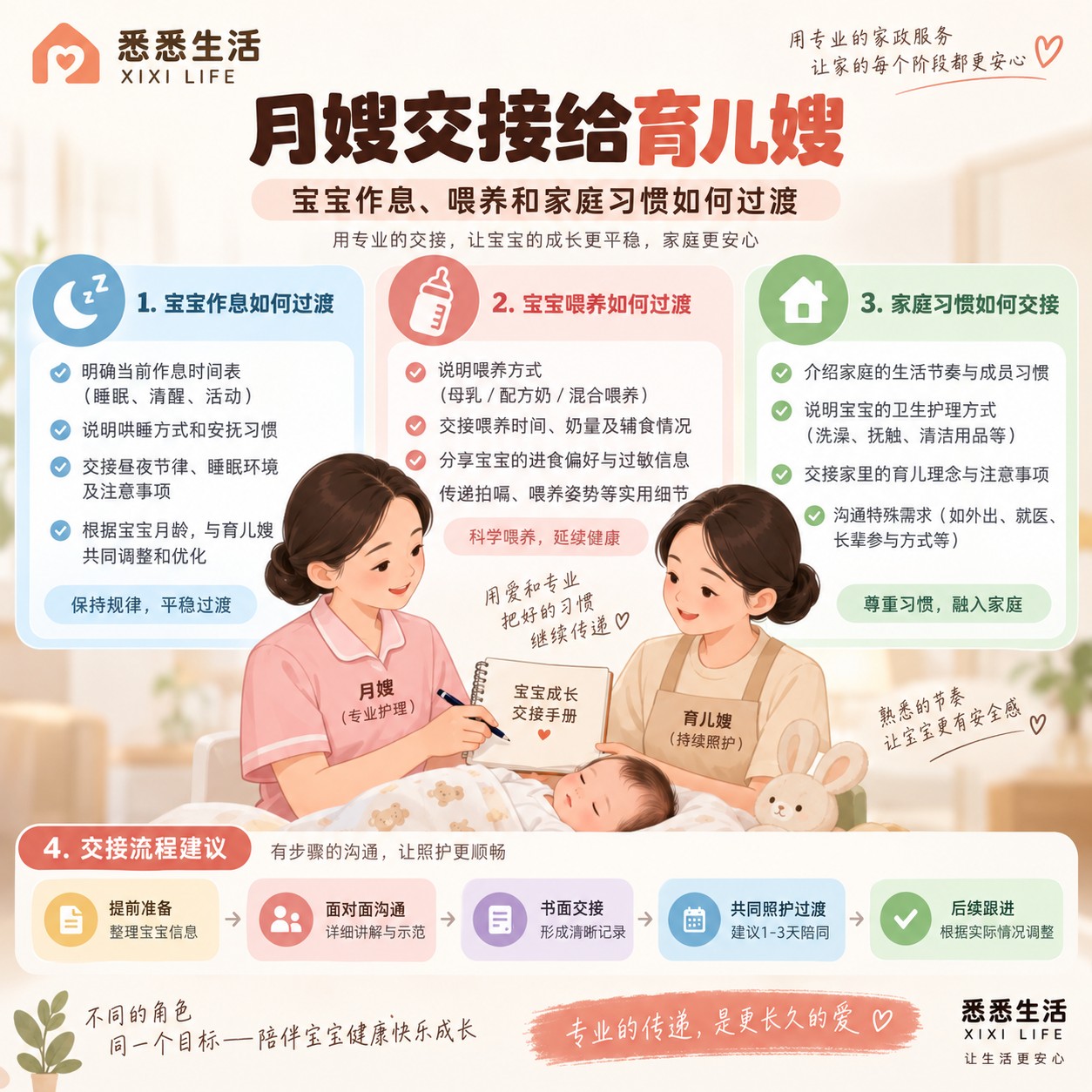 月嫂交接给育儿嫂：宝宝作息、喂养和家庭习惯如何过渡