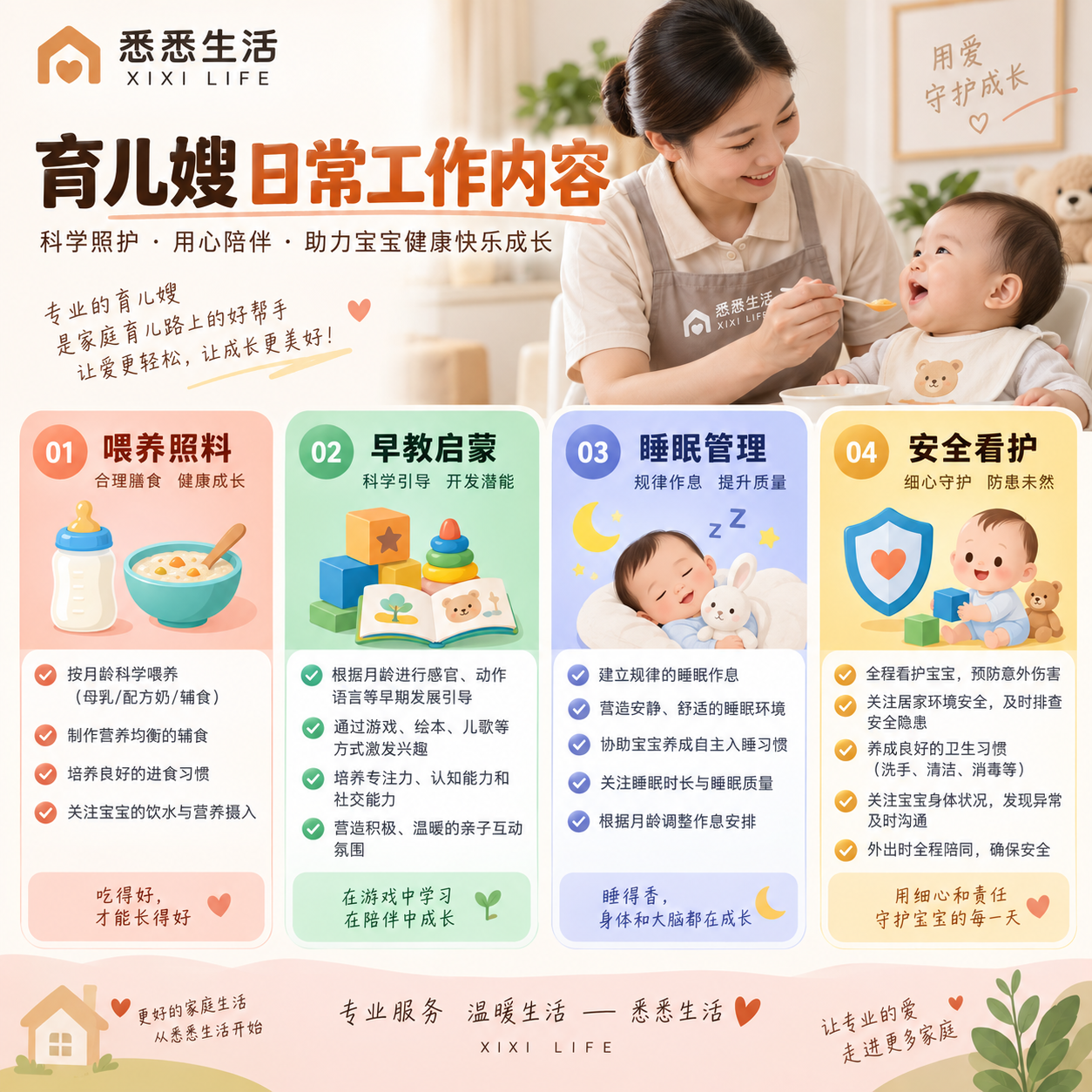 育儿嫂日常工作内容：喂养、早教、睡眠与安全看护