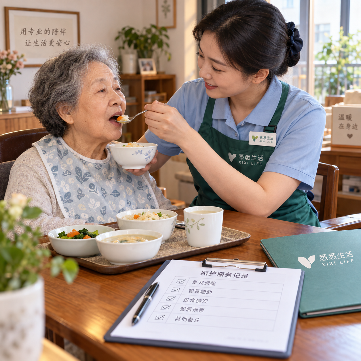护工协助进食流程：坐姿、餐具与进食后观察