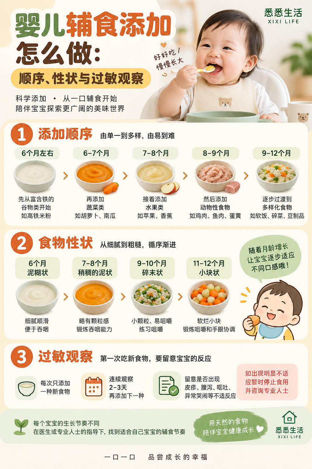 婴儿辅食添加怎么做：顺序、性状与过敏观察