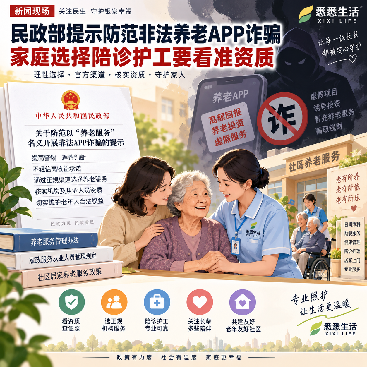 民政部提示防范非法养老APP诈骗，家庭选择陪诊护工要看准资质