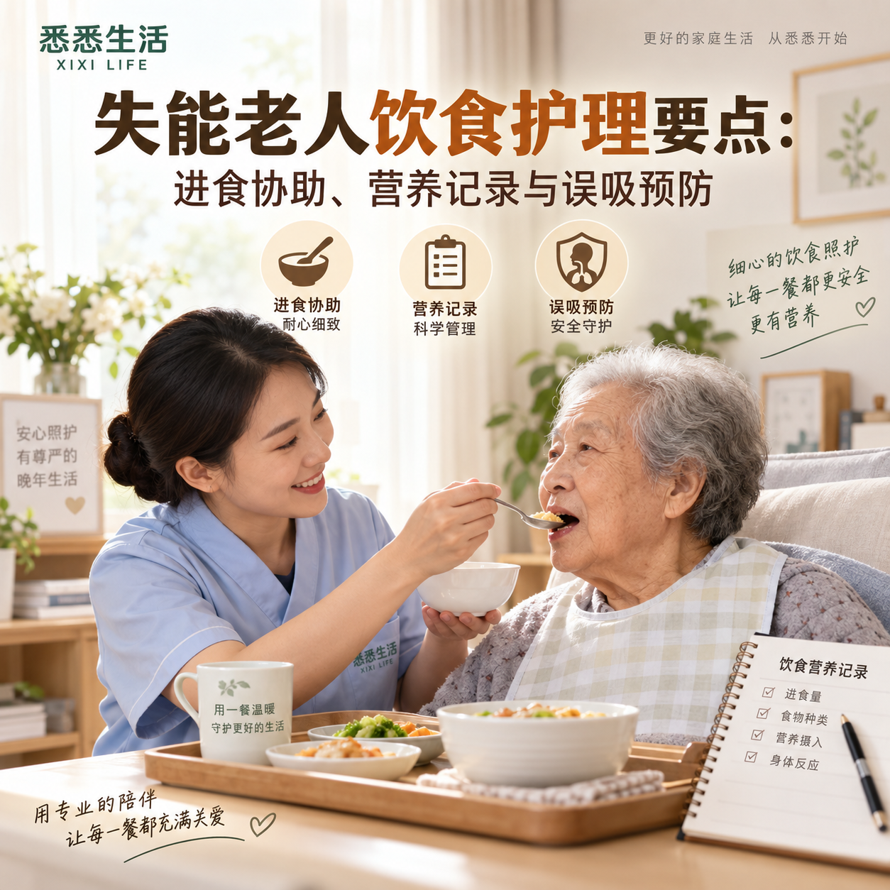 失能老人饮食护理要点：进食协助、营养记录与误吸预防