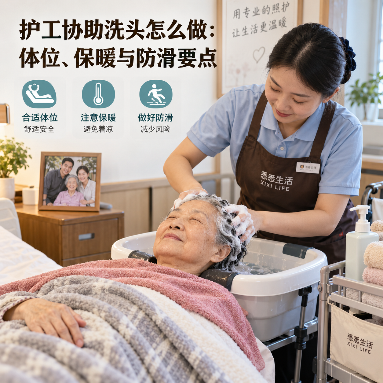 护工协助洗头怎么做：体位、保暖与防滑要点