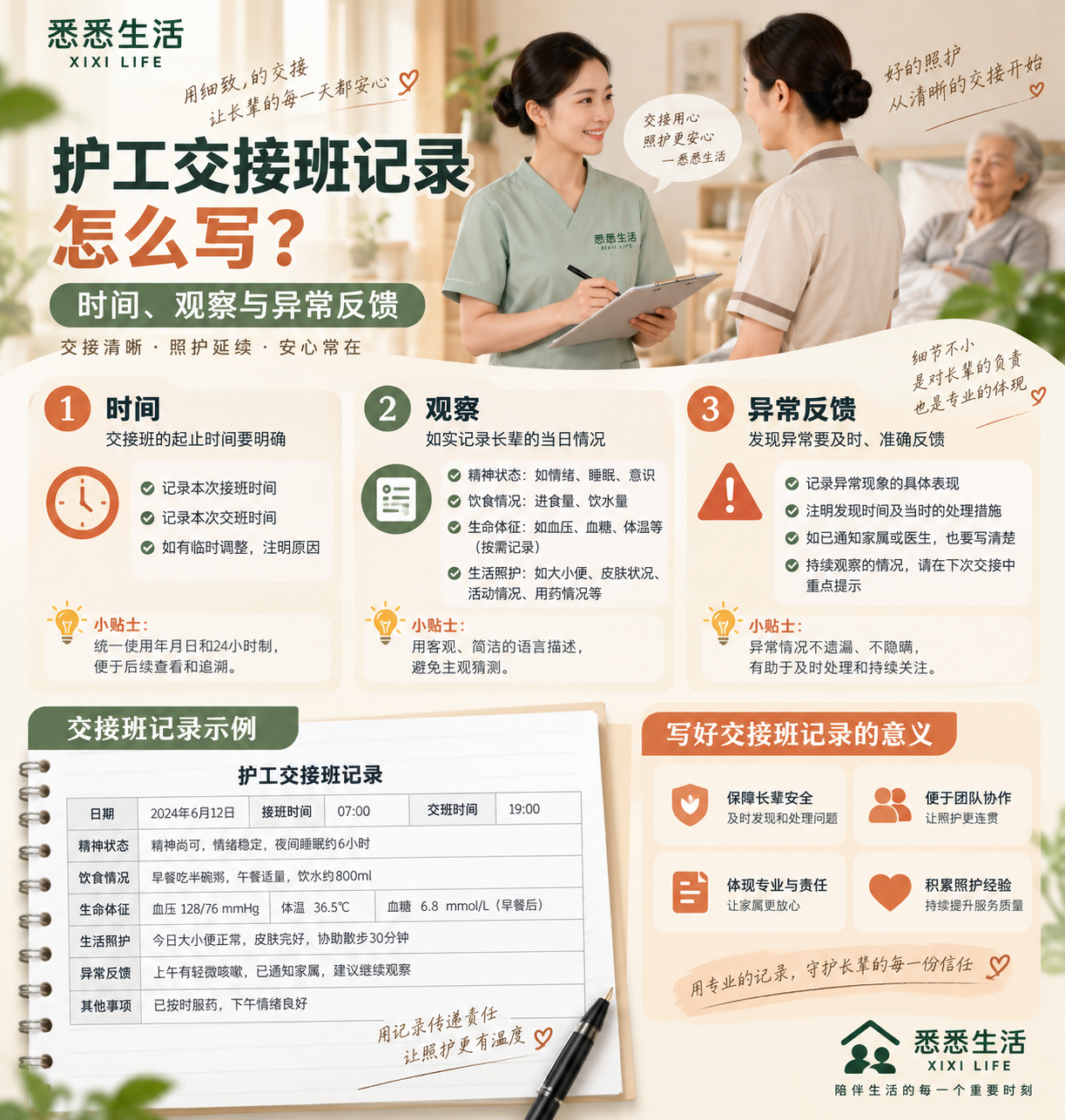 护工交接班记录怎么写：时间、观察与异常反馈