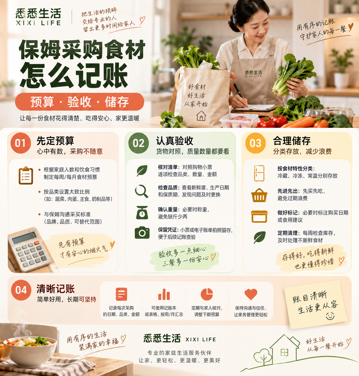 保姆采购食材怎么记账：预算、验收与储存