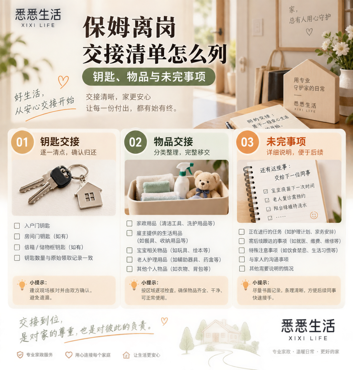 保姆离岗交接清单怎么列：钥匙、物品与未完事项