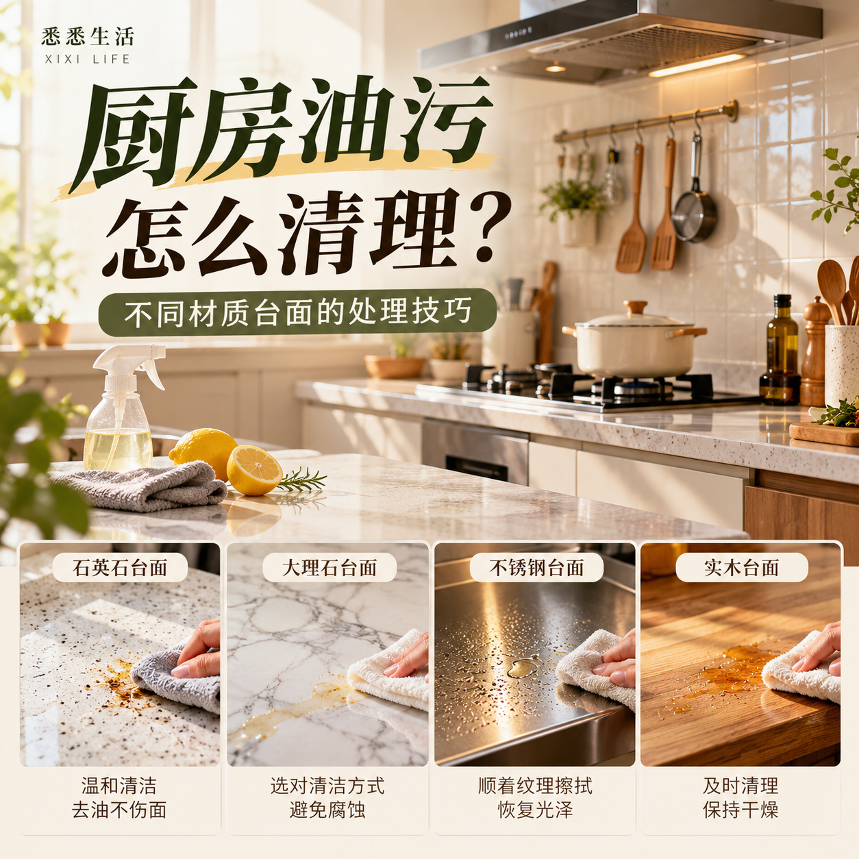 厨房油污怎么清理？不同材质台面的处理技巧