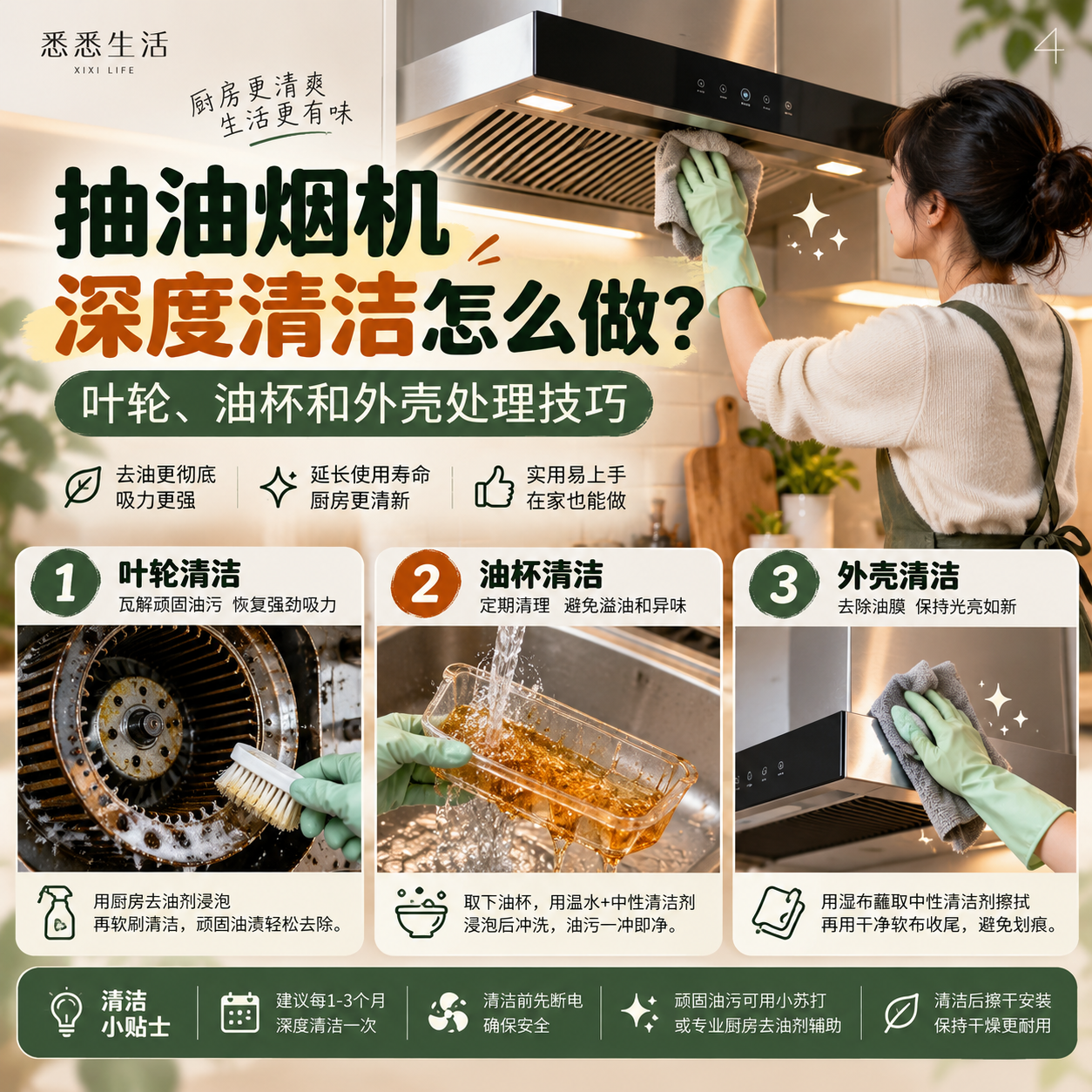 抽油烟机深度清洁怎么做？叶轮、油杯和外壳处理技巧