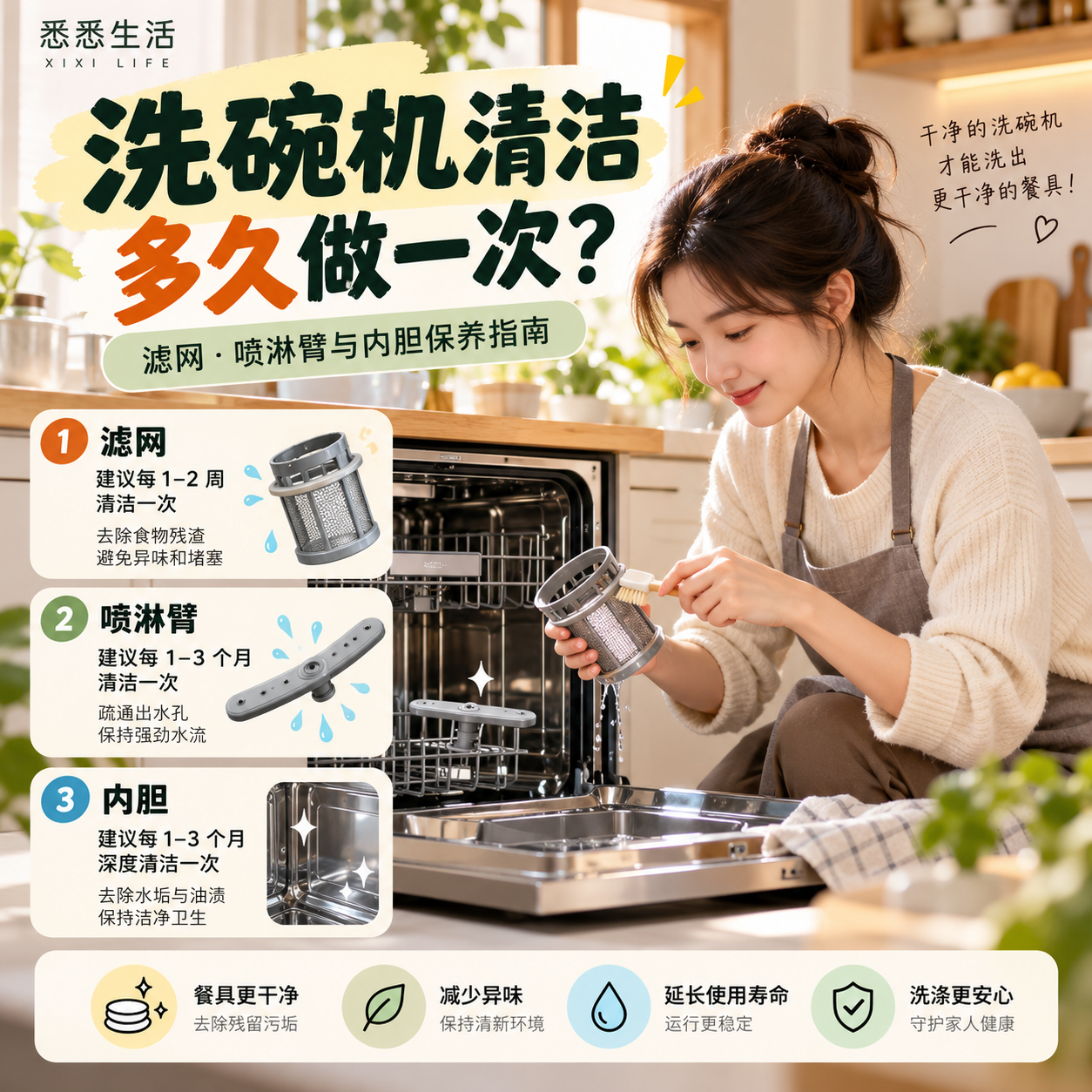 洗碗机清洁多久做一次？滤网喷淋臂与内胆保养指南
