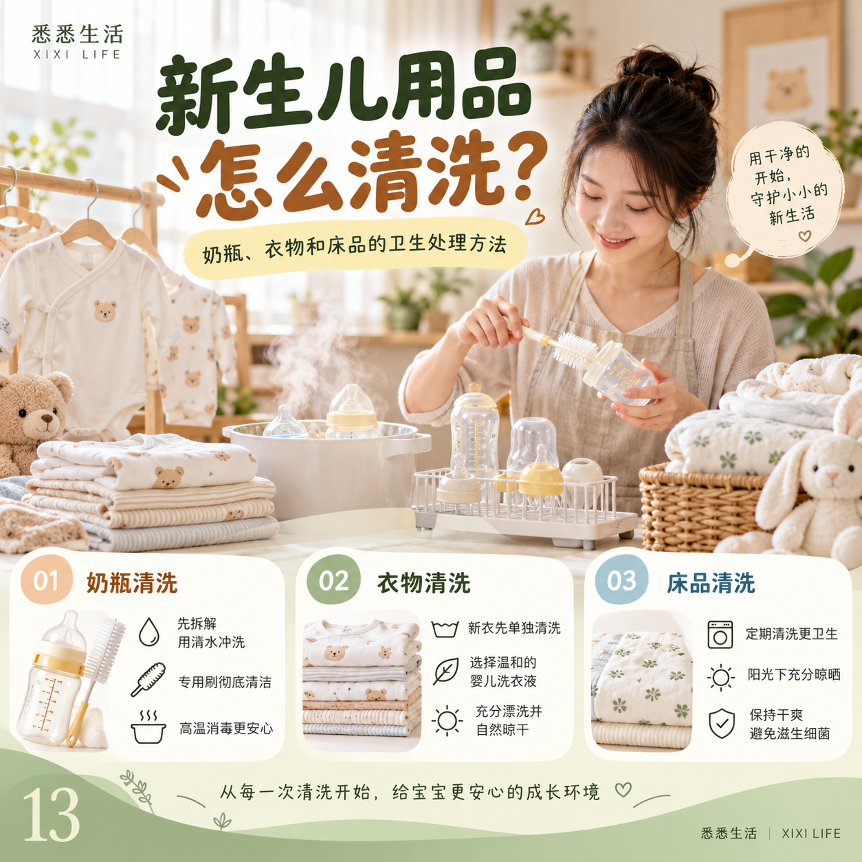 新生儿用品怎么清洗？奶瓶、衣物和床品的卫生处理方法