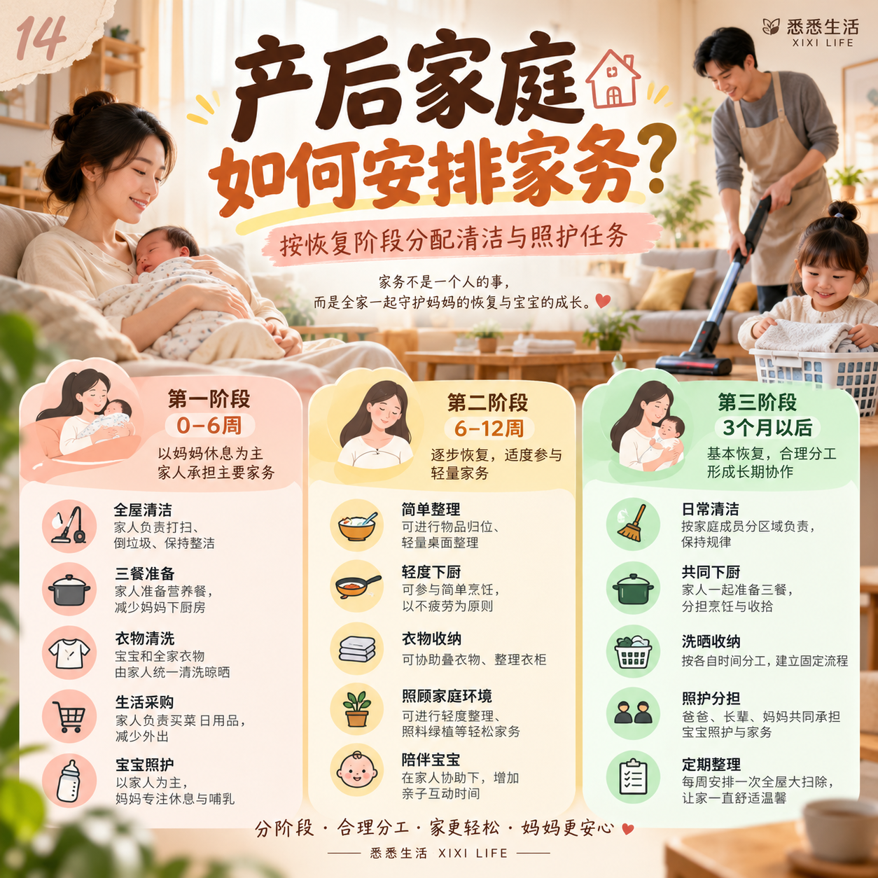 产后家庭如何安排家务？按恢复阶段分配清洁与照护任务