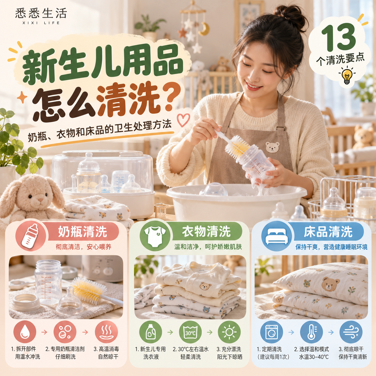 新生儿用品怎么清洗？奶瓶、衣物和床品的卫生处理方法