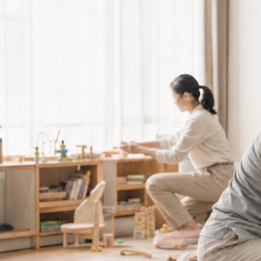 育儿嫂在明亮的家庭空间中整理婴幼儿活动用品